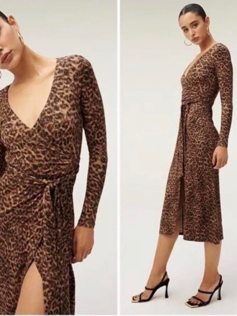 Good American Leopard Wrap Midi Dress in Brown